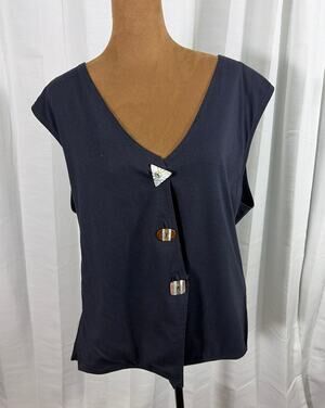 VTG New York News Navy Knit Vest M Geometric Pearlescent Buttons